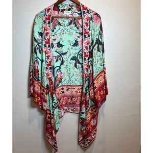 Umgee Peacock Floral Mint Pink Kimono Jacket Size M/L Boho Beachy Artsy